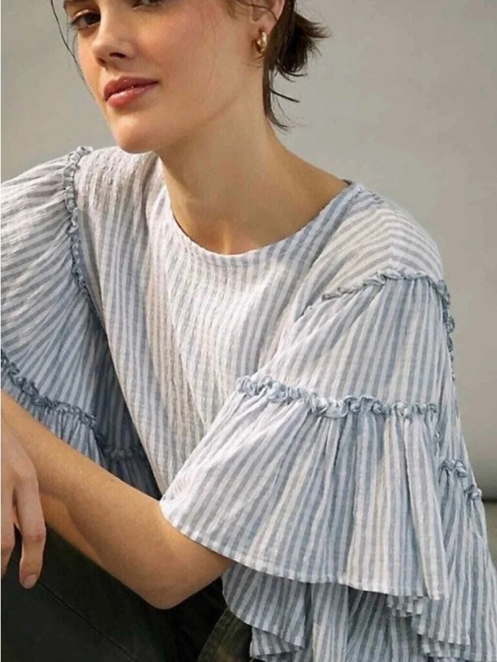 Anthropologie Pilcro Blue Striped Sybil Ruffle Sleeve Open Back Blouse Large - Picture 1 of 11